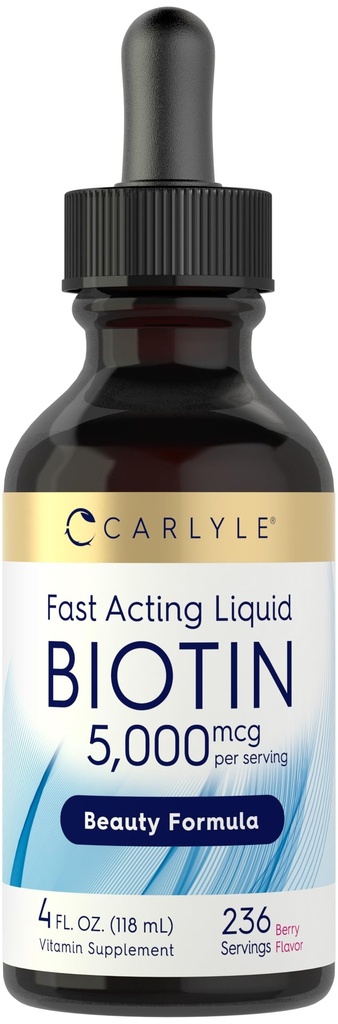 Carlyle Biotin 5000mcg 액체 드롭 | 4 fl oz | 여성과 남성용|베리 맛 | 뷰티 포뮬러 | 채식주의, 비 GMO & 글루텐 무료 보충