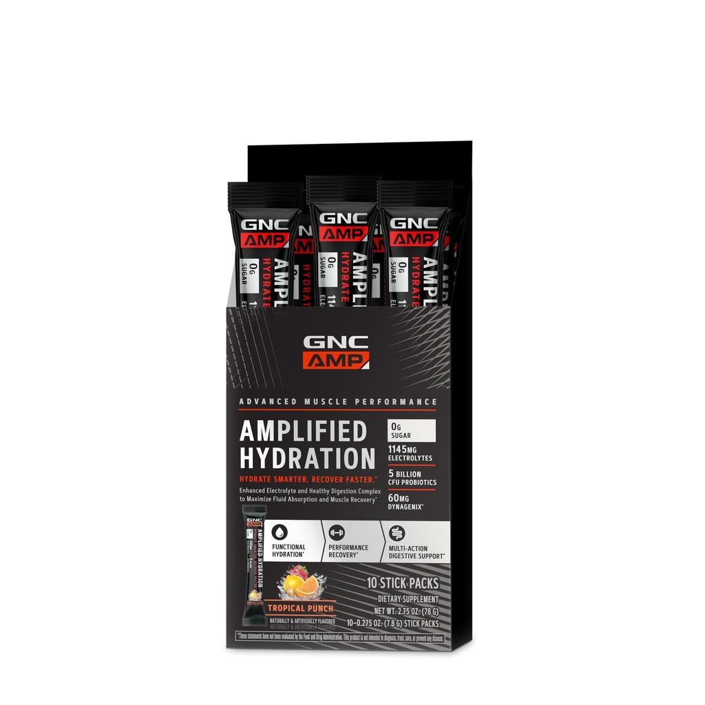 GNC AMP Amplified Hydration Electrolyte Powder Drink Mix | 향상된 전기 및 건강한 소화 복합재 | 열대 펀치 | 10 Count