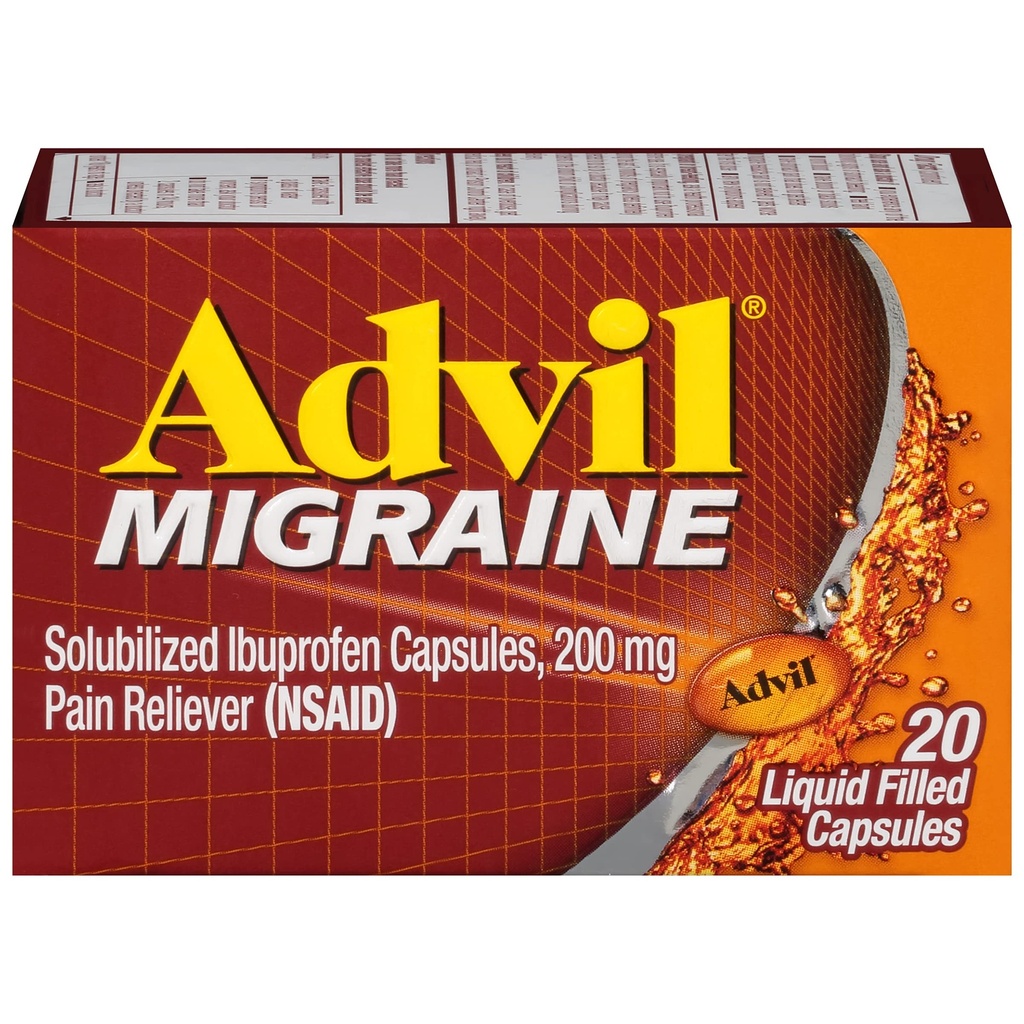 Advil Migraine 두통 구호, Ibuprofen 캡슐을 Migraine 구호, Nausea 구호 및 가벼운 감도 구호를위한 Ibuprofen 200mg - 20 액체 채워진 캡슐