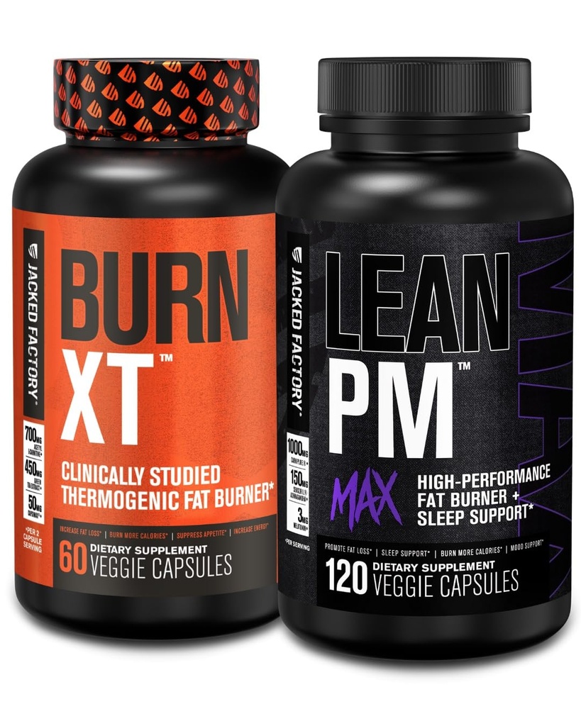 Jacked Factory Burn-XT Clinically Studied Thermogenic 체중 감량 (60 캡슐) - Lean PM MAX Sleep Aid (120 캡슐) for Appetite Suppression (180 캡슐)