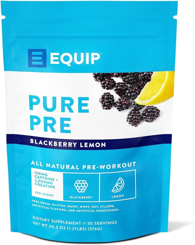 Equip Foods Pure Pre All Natural Pre-Workout Powder | 녹차 카페인, 바다 소금, EAA, 비타민 C, B6, B12, L-carnitine, Agnine | Naturally Boosts Workouts | 30 서빙, BlackBerry Lemon Caffeinated