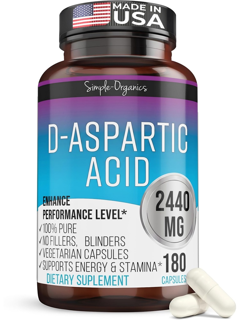 Kaibro Nutra D-Aspartic 산은 남자, 봉사, 에너지 & 테스토스테론 지원, 글루텐 자유로운 비 GMO, 180 Vegan 캡슐 당 2440mg D-Aspartic 산을 보충합니다