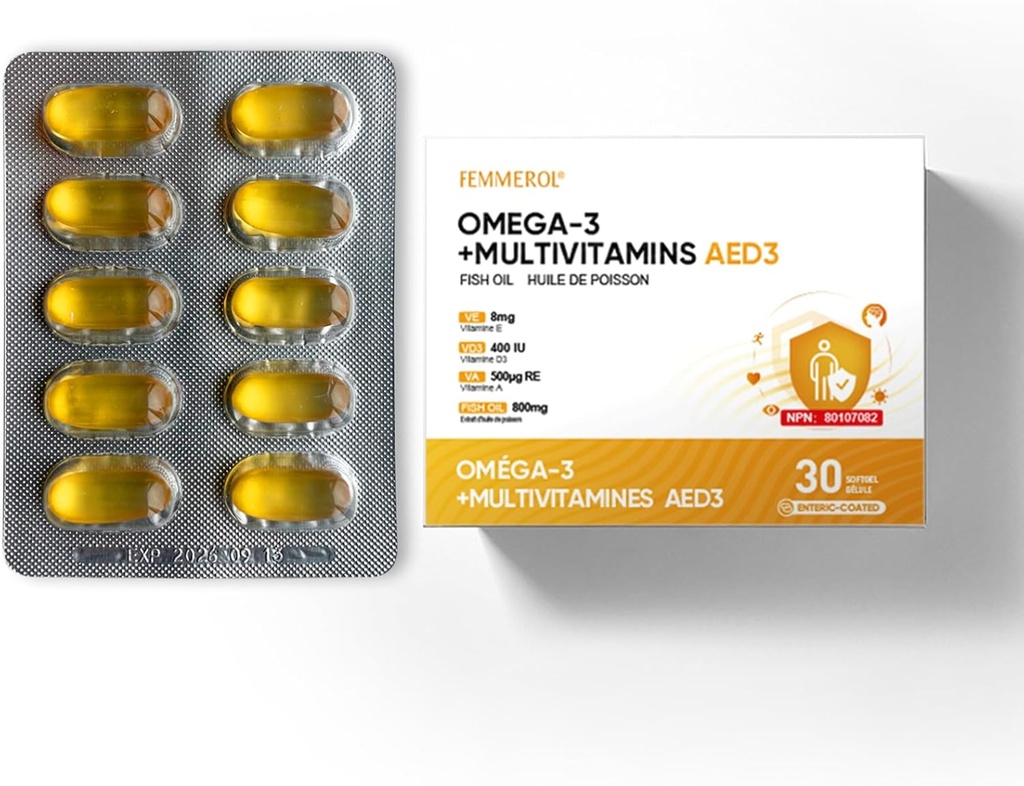 오메가-3, 여자와 남자를 위한 Multivitamin를 가진 Multivitamins, 비타민 A, 비타민 E 및 비타민 D3를 가진 Enteric 입히는 물고기 기름 DHA/EPA Immune 기능 지원 (1 Box 30 Softgels)를 위한 비타민 D3