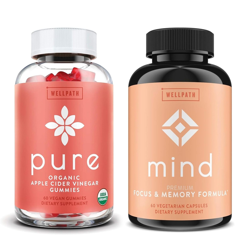 WellPath 순수한 Apple Cider Vinegar with Mother Gummies & Mind Brain Supplement with Lion's Mane - Focus & Memory 지원, 각각 60 Ct