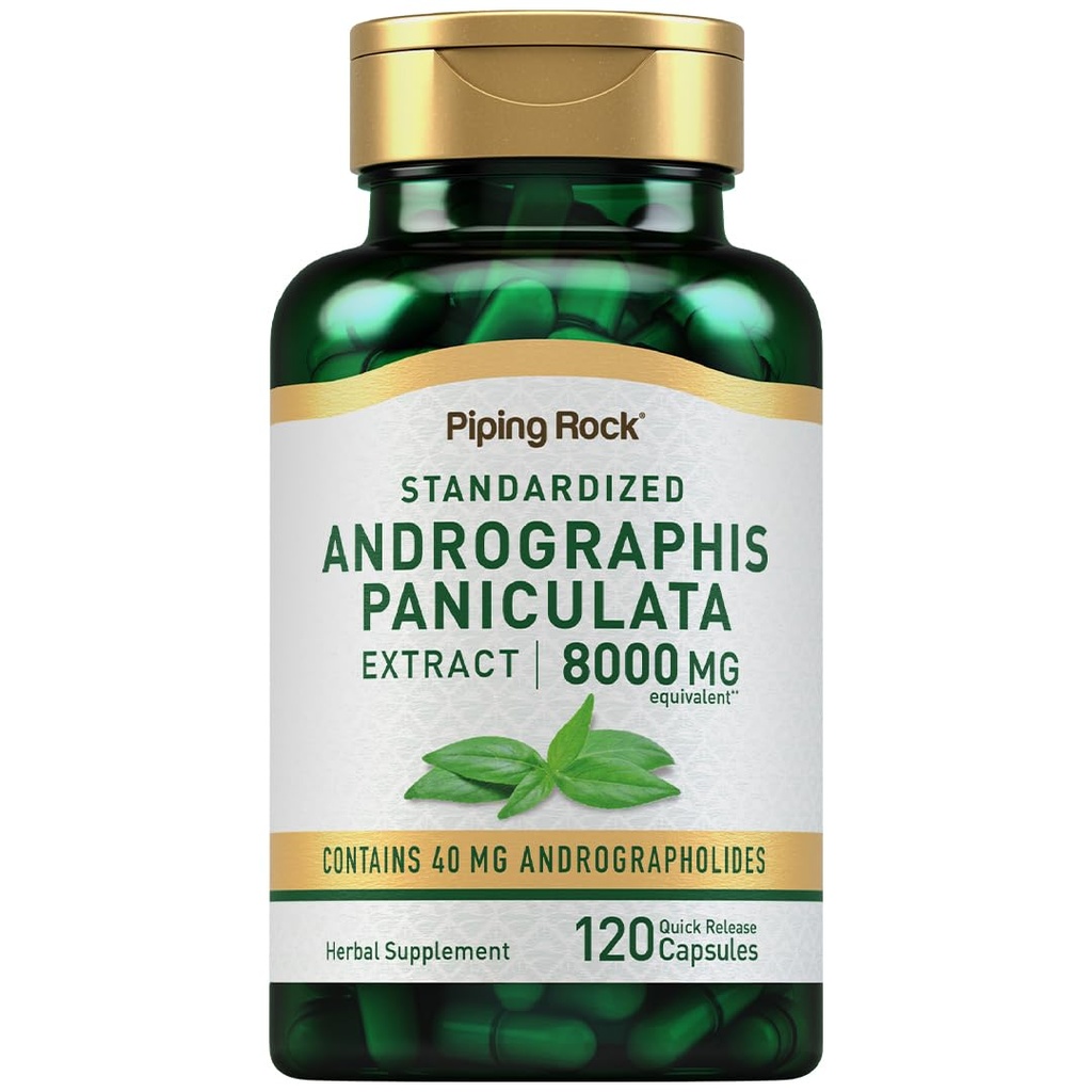 Piping Rock Andrographis Paniculata Extract | 8000 mg | 120 캡슐 | 표준화 된 초본 보충 | Non-GMO, 글루텐 무료