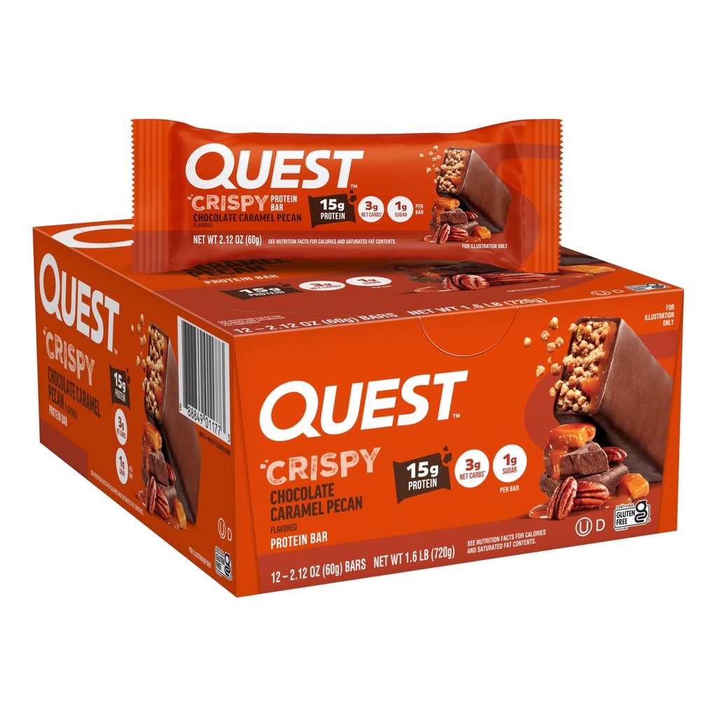 Quest Nutrition Crispy Chocolate Caramel Pecan Hero Protein Bar, 15g Protein, 1g Sugar, 3g Net Carb, Gluten Free Protein Snack, Keto Friendly, 12 카운트