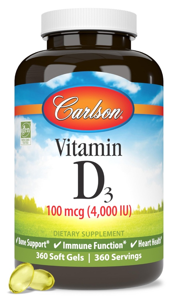 Carlson - 비타민 D3, 4000 IU (100 mcg), 뼈 & 면역 건강, Cholecalciferol 보충교재, 글루텐 자유로운 비타민 D 캡슐, 360 Softgels