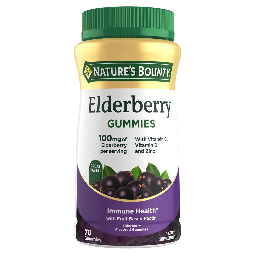 자연의 Bounty Elderberry Gummies, 규정식 보충교재, 비타민 A, C, D, E 및 아연, 100 mg, 70 Gummies를 포함합니다