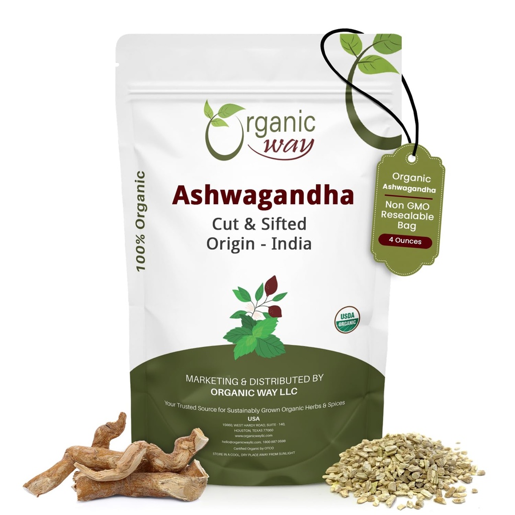 Organic Way Ashwagandha Root Cut & Sifted (Withania somnifera) - 유기농 및 고셔 인증 | Vegan, Non GMO 및 글루텐 무료 | USDA 인증 | 원산지 - 인도 (1/4LBS / 4Oz.)