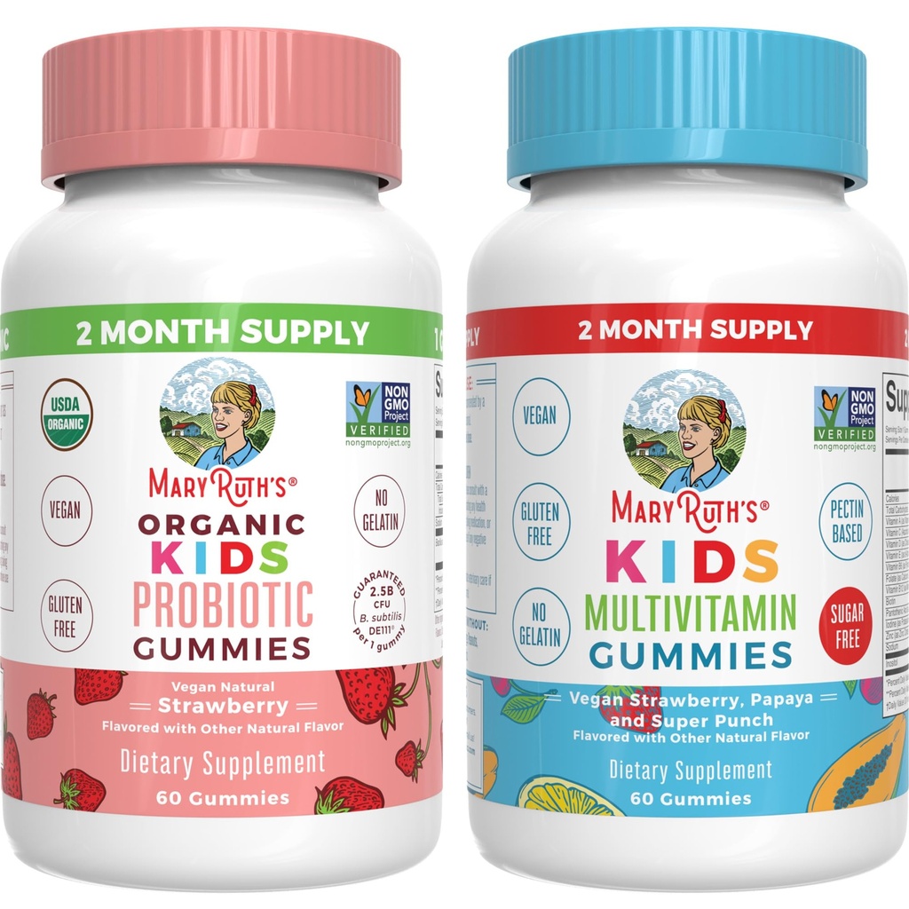 MaryRuth Organics Multivitamin 및 Probiotic Gummies (Strawberry) 어린이를위한| 클린 라벨 프로젝트 검증 ® | Gut Health, Immunity 및 전반적인 웰빙을위한 비타민 | Vegan, Non-GMO, 글루텐 무료