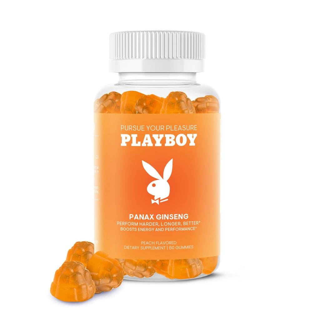 Playboy – Ginseng Gummies (60 카운트 - 복숭아 맛) - Harder, Longer, Better - Panax Ginseng Supplement Gummy for Men and Women - 100 % Natural, Vegan Non GMO Ginseng Root 6 : 1 추출물