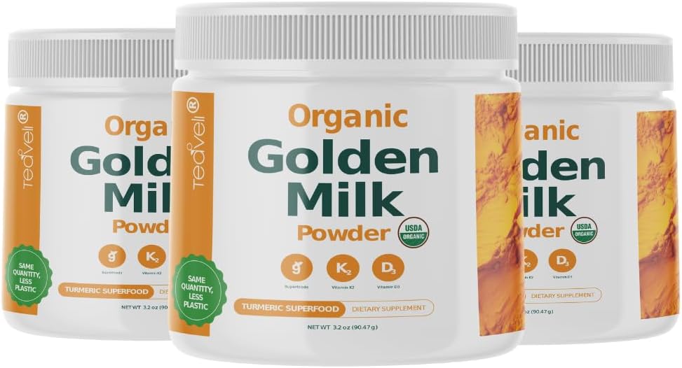 비타민 D3 및 K2, Turmeric, Ginger, Curcumin, Cinnamon, KSM66 Ashwagandha, Holy Basil & Natural Prebiotics와 유기 골든 밀크 분말 - 맛있은 불안정한 심황 티 라테 - 3 팩