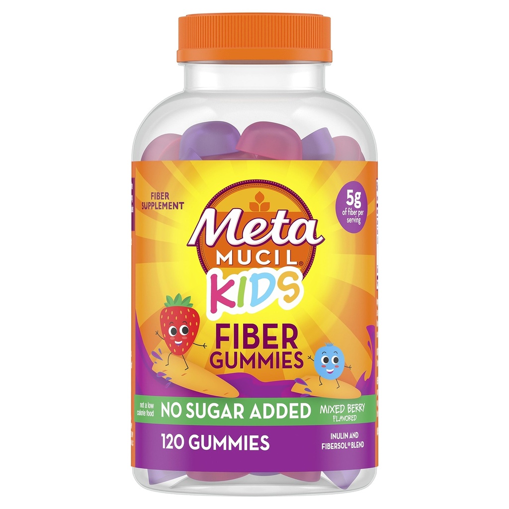 Metamucil Kids Fiber Gummies, 설탕 추가, 5g Prebiotic Plant-Based Fiber Supplement Blend, 혼합 베리 맛, 120ct Gummies