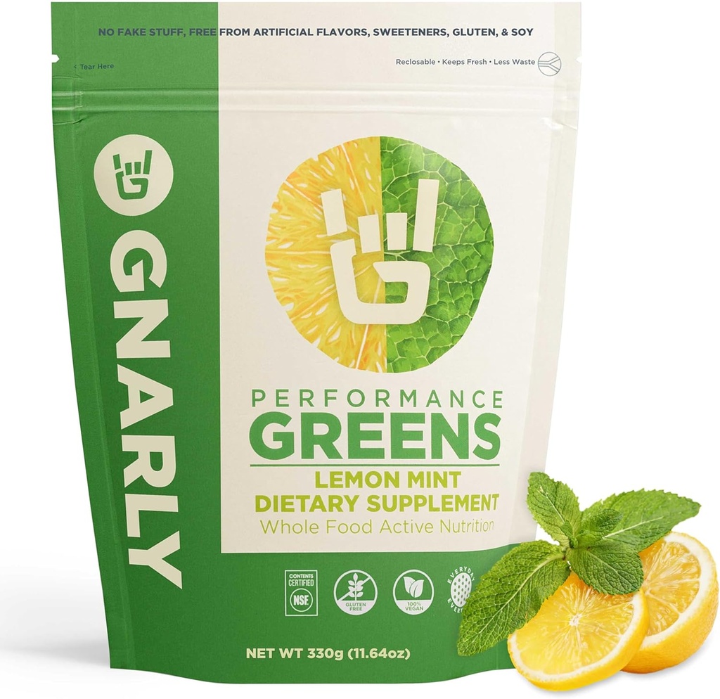 Gnarly Nutrition Greens Superfood Powder – 레몬 민트 성능 슈퍼 그린 파우더 – NSF 컨텐츠 인증 – 유기농, 프로바이오틱스 & 에센셜 Micronutrients - 레몬 민트, 11.64 온스