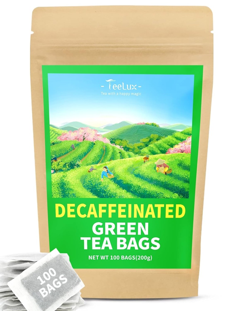 티럭 Decaf 녹차 봉지, 순수한 Decaffeinated 녹차, 최고 산화 방지제, 뜨거운 & 얼음 차를 위한 100개의 조사 차 부대