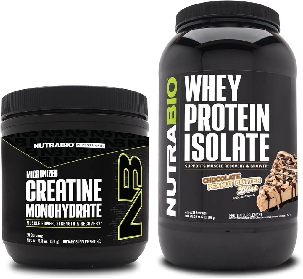 NutraBio Creatine Monohydrate, Unflavored, 150g 및 Whey Protein Isolate, 초콜릿 땅콩 버터, 보충 번들 - 근육 에너지, Lean 근육 성장, 회복 및 힘