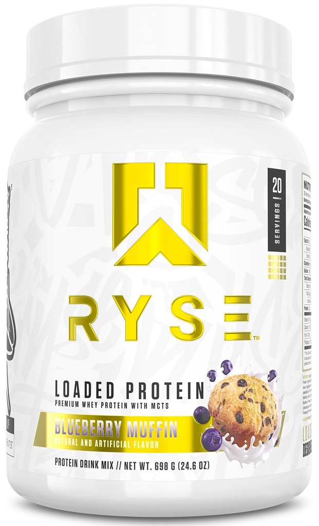 RYSE 로드 된 단백질 분말 - 블루 베리 머핀 - 25g Whey Protein Isolate & Prebiotic Fiber & MCTs와 농축 - 낮은 캐비, 낮은 설탕, 소화 - 친절 - 20 서빙 / 1.5 lb Tub