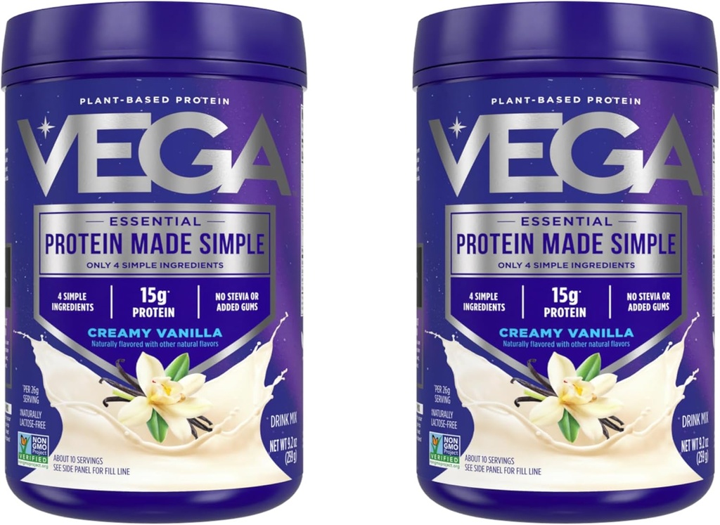 Vega Protein Made Simple Protein Powder, Vanilla - Stevia Free, Vegan, Plant Based, Healthy, Gluten Free, 여성 및 남성용 완두 단백질, 9.2 oz (포장 월병) (포장 2)