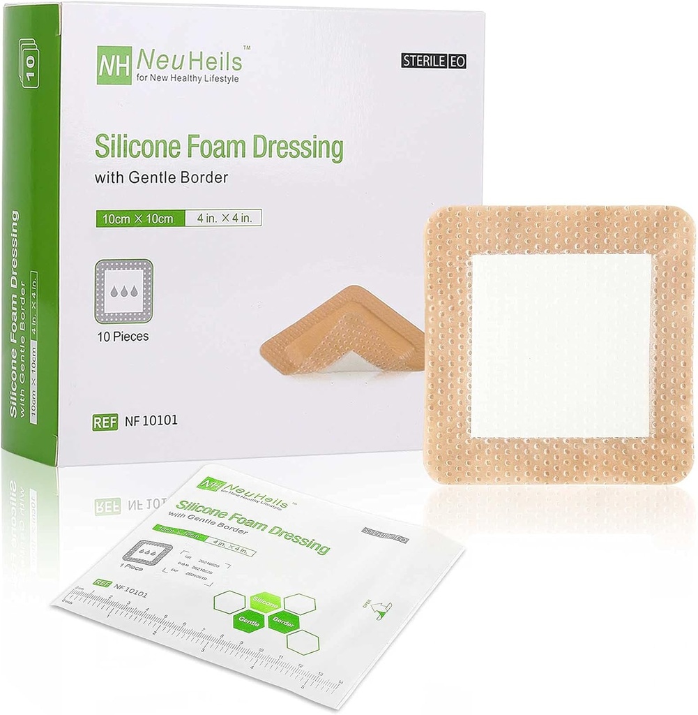 NeuHeils 실리콘 접착제 거품은 Gentle 국경 4"를 가진 x4" 침대 Sore 다리 Ulcer 10 팩, 높은 흡수성 방수 실리콘 부상 붕대를 위해 옷을 입습니다