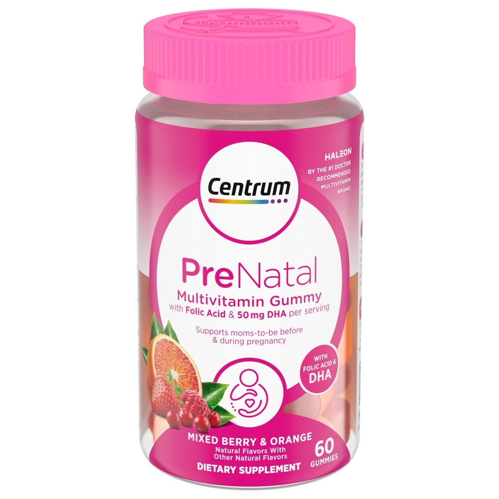 센트럼 Prenatal Multivitamin Gummies DHA 및 Folic 산, 혼합 베리 및 오렌지 맛 - 60 개, 30 일 공급
