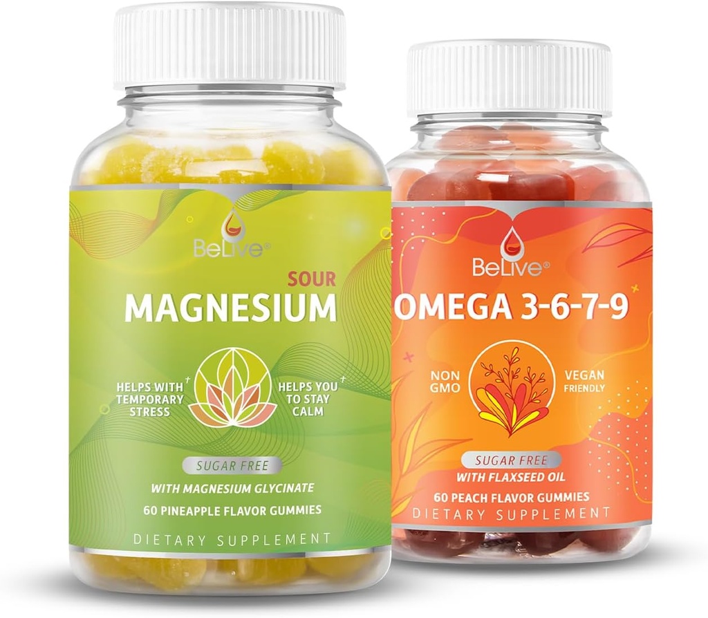 BeLive Magnesium GLycinate & Omega 3-6-7-9 Relaxation, Sleep, Brain, Heart & Inmune 시스템 지원