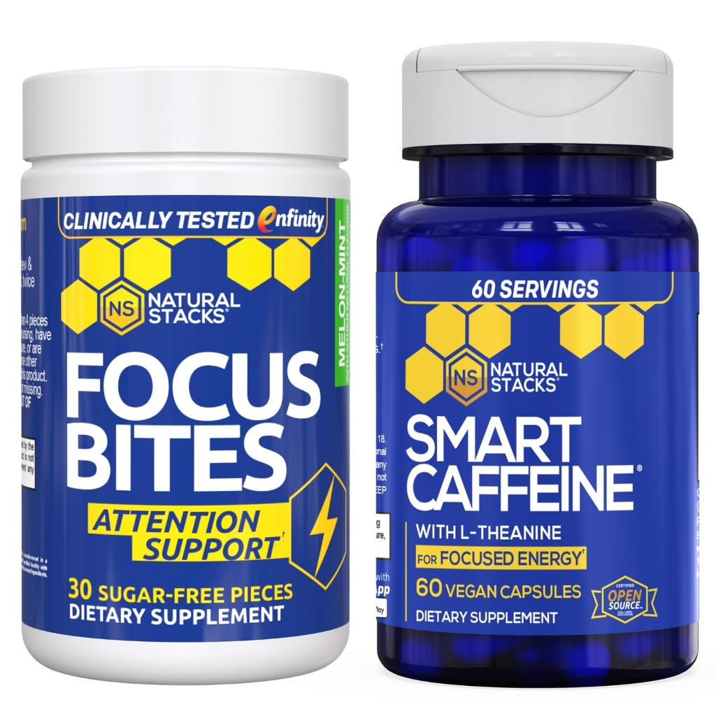 NATURAL STACKS Smart Caffeine + Focus Bites 번들 - 카페인 & 파라잔틴 보충제 - 에너지 및 포커스 * 지원 - 지터 또는 충돌 없음 - 90 조각