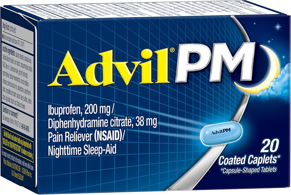 Advil PM (20 조사) 고통 Reliever/Nighttime 수면 원조는 모자, 200mg Ibuprofen, 38mg Diphenhydramine를 입혔습니다