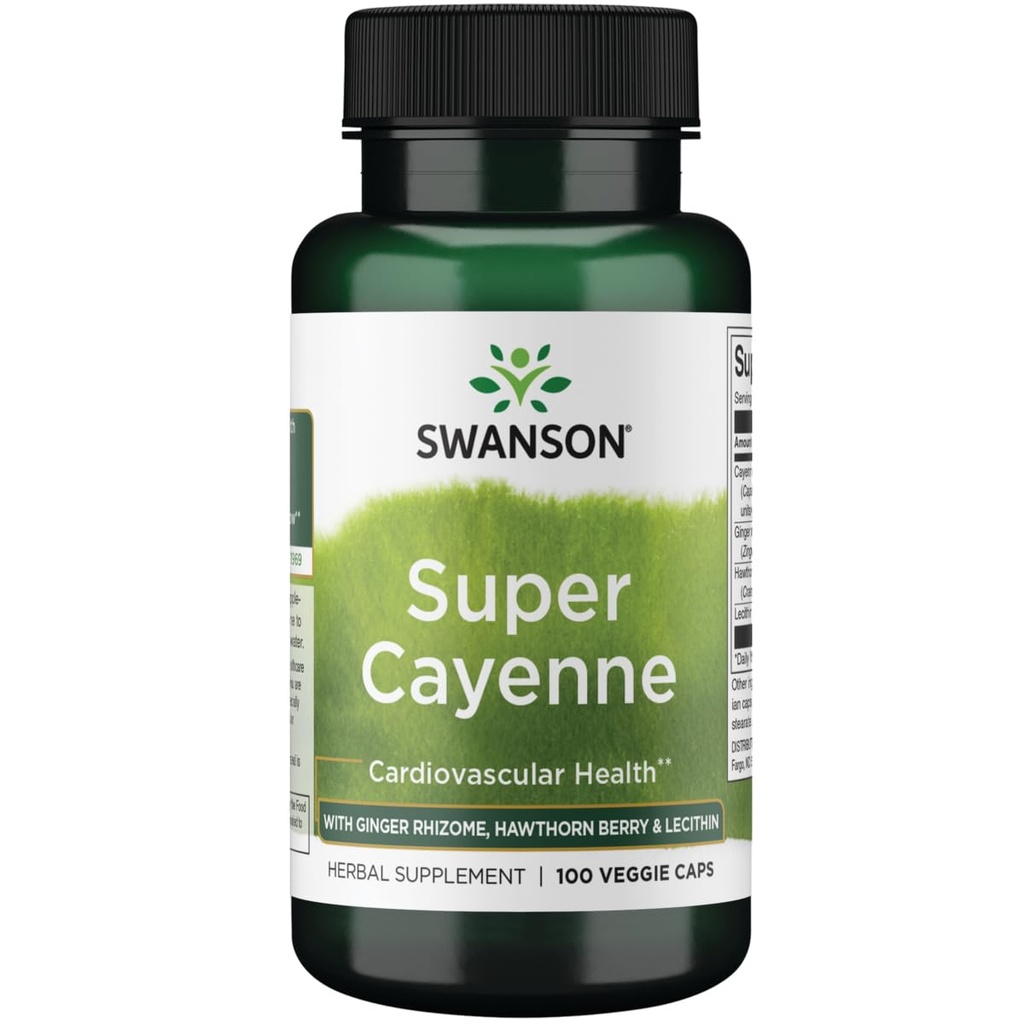 Swanson Super Cayenne - Ginger Rhizome, Hawthorn Berry & Lecithin 100 Veg 모자와 함께