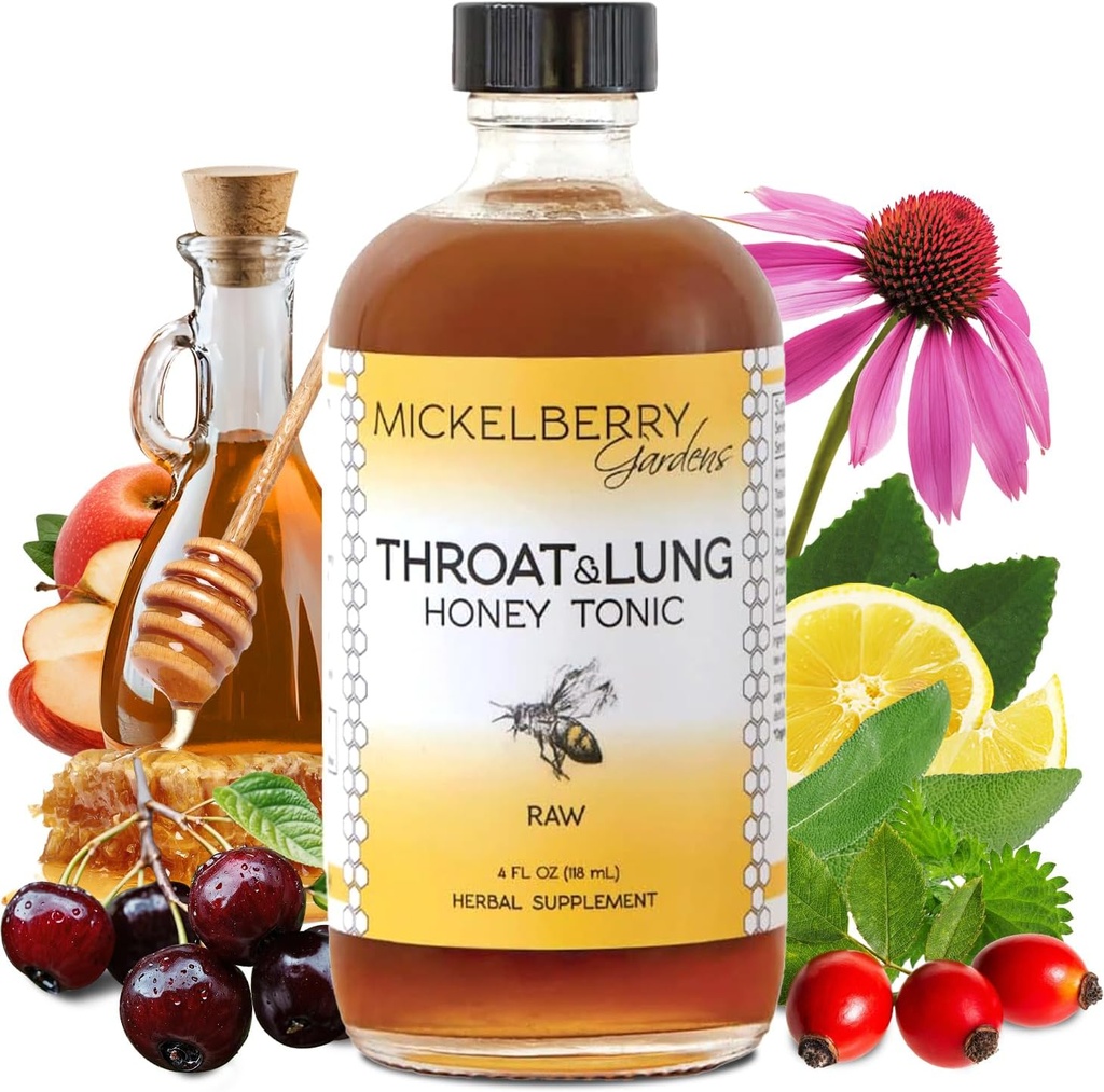 Mickelberry Gardens Throat & Lung Honey Tonic : Wellness Syrup, Natural Sore Throat Relief, Immune Support & Cough Suppressant for Adults & Kids (4 온스)