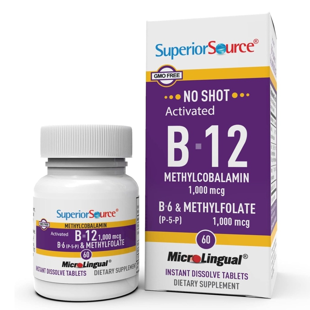 우수한 근원 탄 비타민 B-12 Methylcobalamin 1000 mcg, B-6, & Methylfolate 1000 mcg - 지원 에너지, 뇌, 및 심장 건강 - Bariatric 친절한 - 60 이하 언어적인 용해 정제