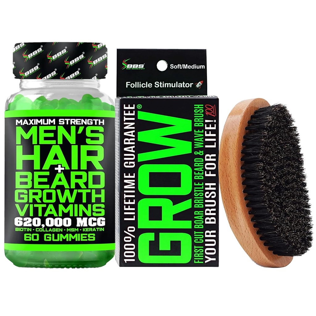 Beard 성장 장비 w/620,000mcg 14-in-1 BIOTIN Gummies/Beard 성장 비타민 & 남자를 위한 머리 성장 비타민 + 100% 일생 보충 첫번째 커트 Boar Bristle 솔 & 남자를 위한 360 파 솔