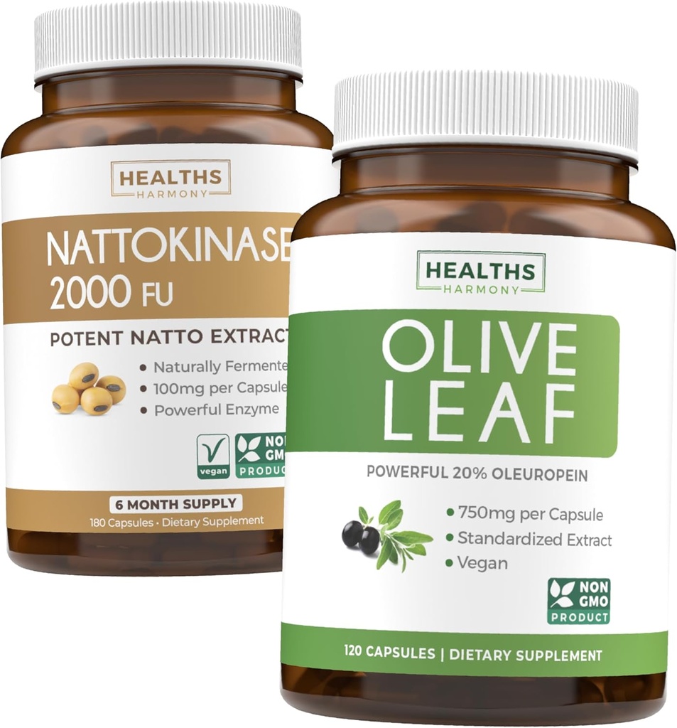 Nattokinase & 올리브 리프 (6 개월 공급) 흐름 & 웰빙 혼합 - Nattokinase 2000 FU 강력한 Naturally Fermented Soybeans (6 개월 공급) & 올리브 리프 추출물 최고 강도 20% Oleuropein