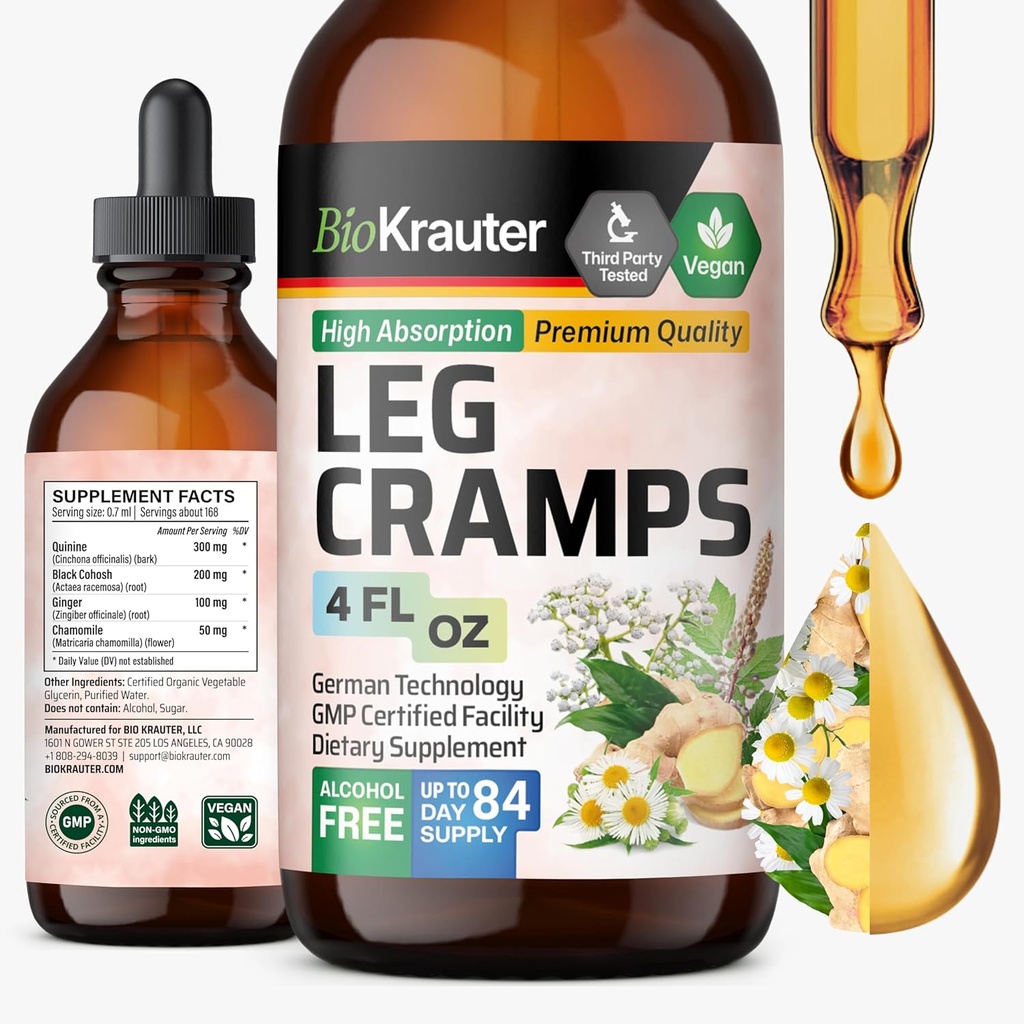 BIO KRAUTER Leg Cramps Tincture with Quinine - Ginger & Chamomile Liquid Extracts for Leg Cramps - 자연 알코올 및 설탕 무료 공식 - Vegan Drops 4 Fl.Oz.