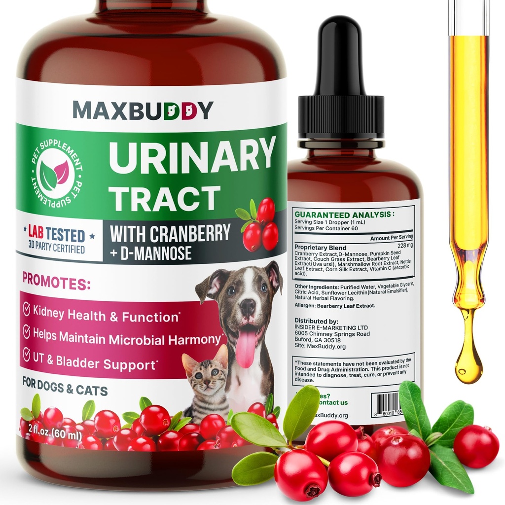 MaxBuddy Natural UTI 치료 지원 - Cranberry Urinary Tract Infection Care & 고양이와 개를위한 예방 지원 - Kidney & Bladder Wellness Supplement Drops - 소변 흐름 지원