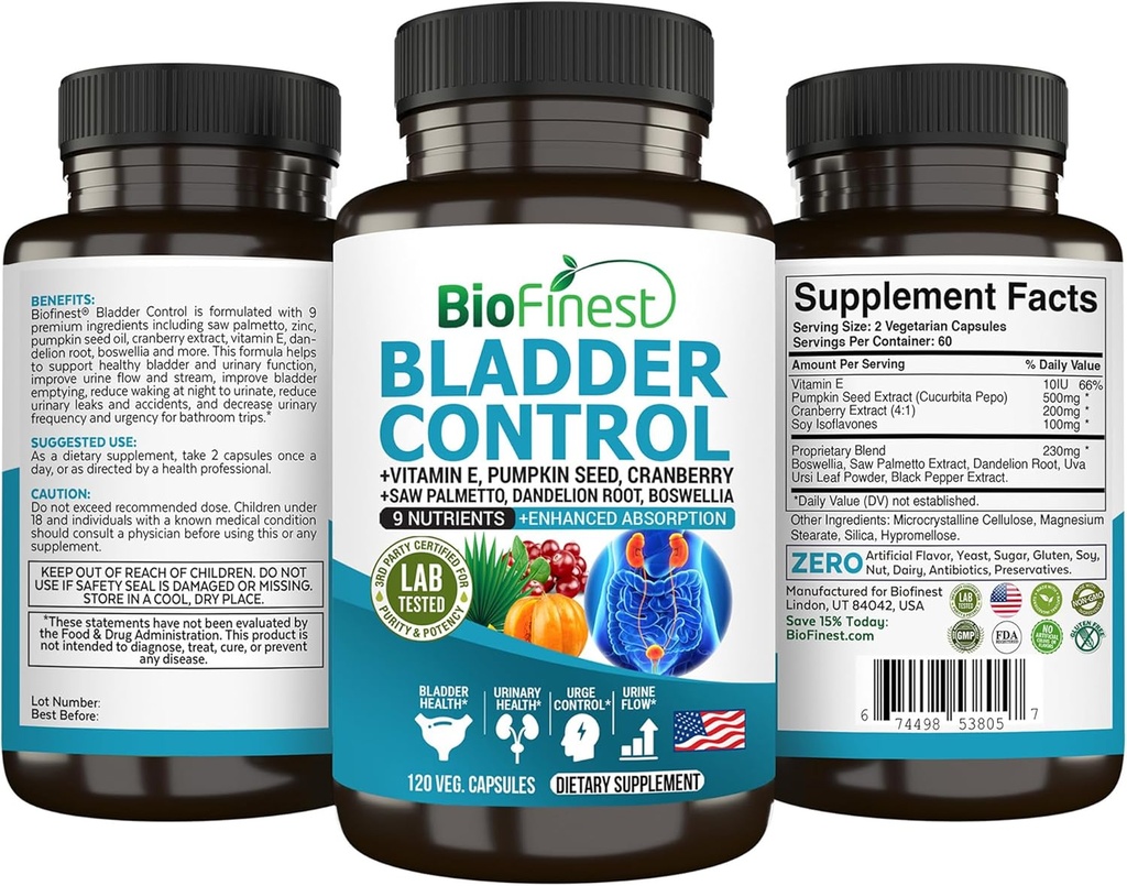 BioFinest Bladder Control Supplement for Men & Women - 120 Veg. 캡슐 - Saw Palmetto, Cranberry, 호박 씨앗, 비타민 E, Boswellia, Dandelion Root - Urinary Tract Bladder Health - 미국에서 만든