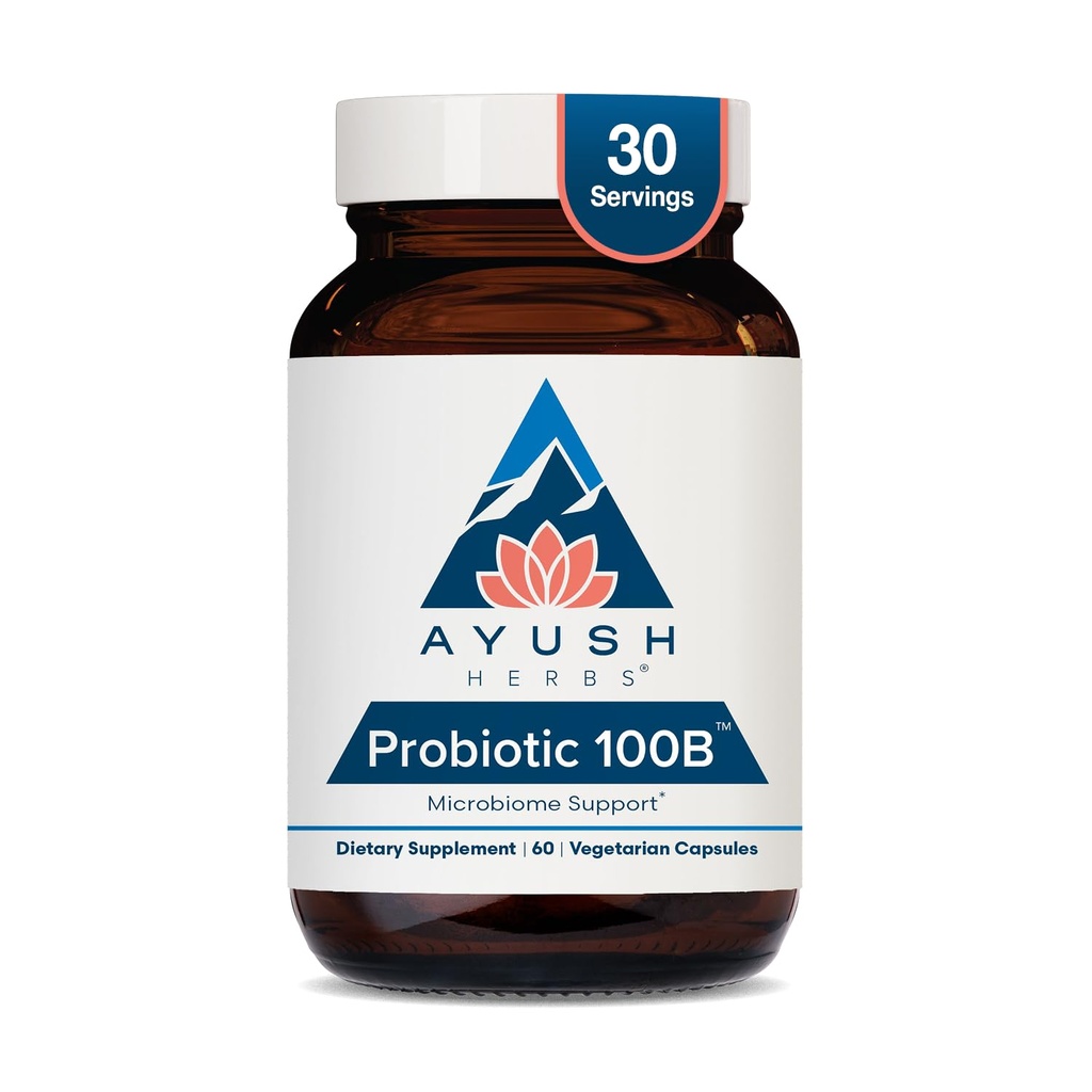 Ayush Herbs Probiotic 100B - 여성을위한 Probiotics, 남성을위한 Probiotics, Prebiotics 및 소화 건강, 가스 완화, Gut Microbiome Balance - 60 채식 캡슐 (1 개)