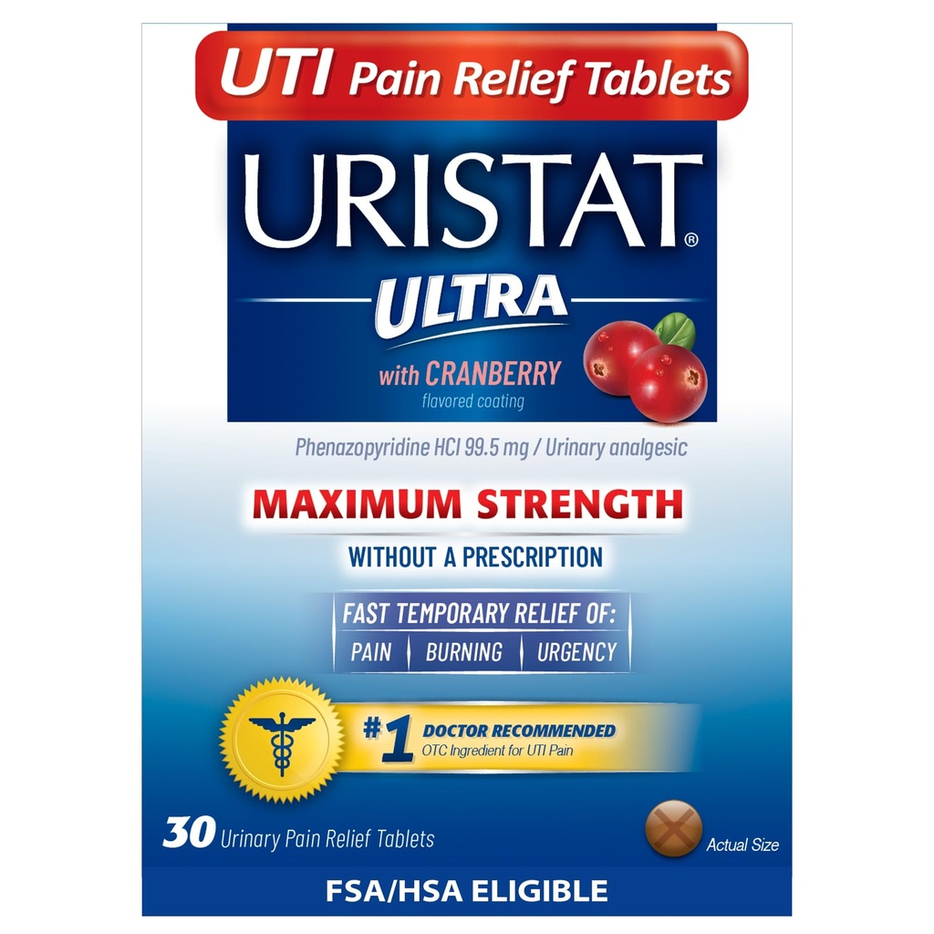 Uristat Ultra UTI Pain Relief Tablets, Urinary Pain, Burning, Urgency, 최대 강도, 크랜베리 맛 코팅, 30 정제의 빠른 Urinary Tract Infection 구호