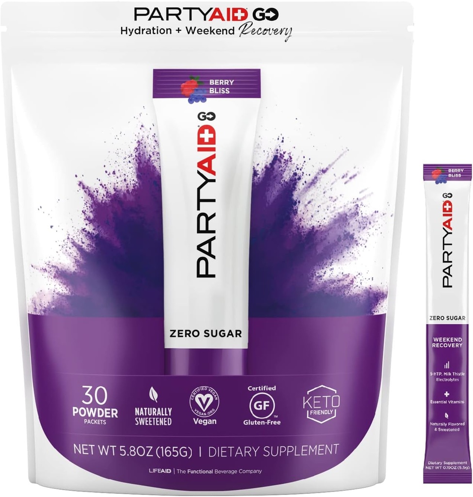 PARTYAID GO Feel Good Tonight and Tomorrow, Zero Sugar, 5-HTP, B-Complex, Milk Thistle, Electrolytes, 인공 향료 또는 감미료 없음, 카페인 프리, 30 개 (팩 1)