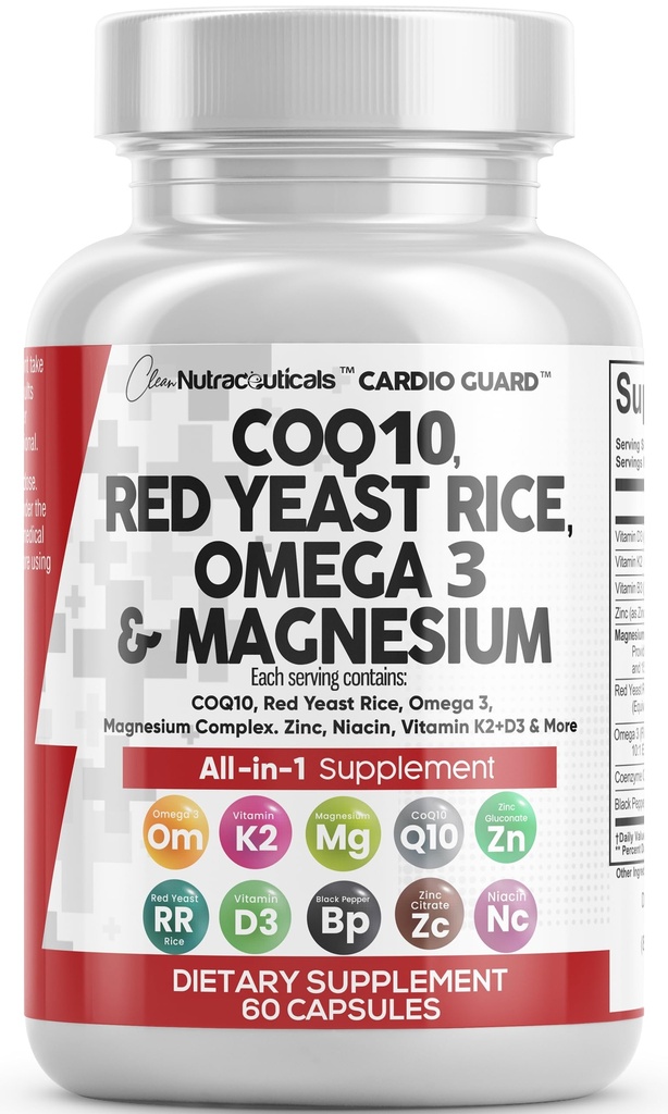 청결한 Nutraceuticals COQ10 200mg 빨간 효모 밥 오메가 3 마그네슘 복잡한 500mg Niacin 아연 비타민 K2 D3 - 여자를 위한 심장 지원 비타민 & 남자 w/Vitamin B3, Coenzyme Q10-60 Ct