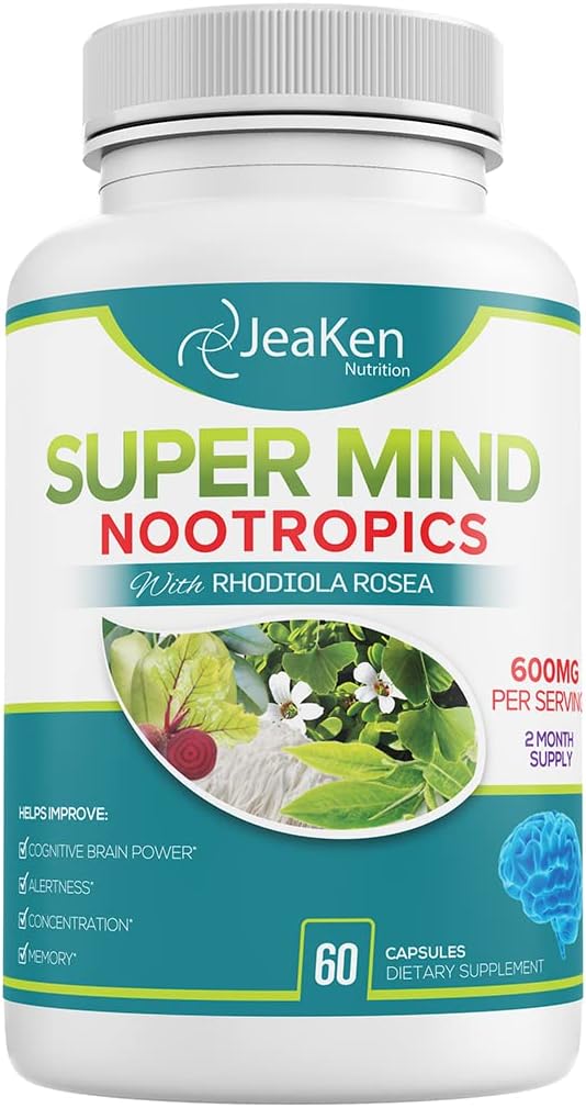 Super Mind - Nootropics Cognitive 증강 인자 - 천연 성분이있는 뇌 부스트 보충 - Bacopa Monnieri - Rhodiola Rosea - Ginkgo Biloba - 미국산 비타민 B12-60 Vegan 캡슐