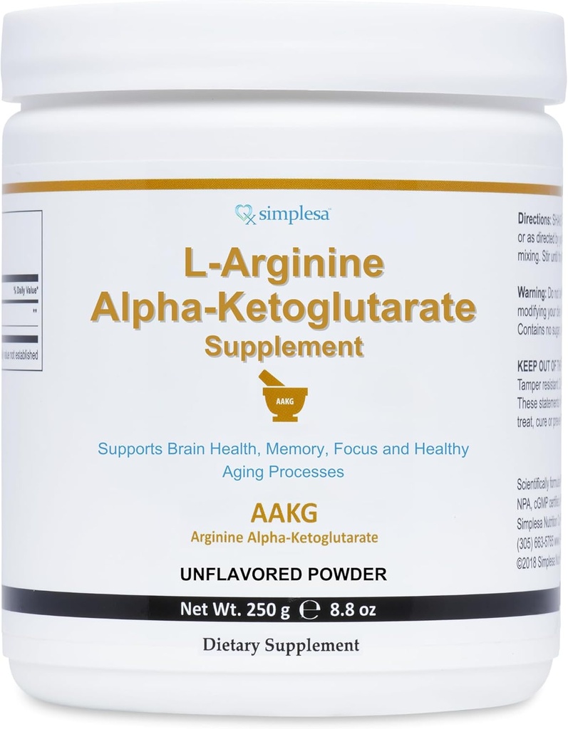 Simplesa AAKG 아르기닌 분말, L 아르기닌 알파 Ketoglutarate 보충교재, 봉사 당 2000mg, 지원 뇌 건강, 기억, 초점 및 건강한 시효 과정, 250g 분말 보충교재