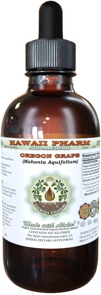 Hawaii Pharm Oregon Grape Alcohol-Free Liquid Extract, 오레곤 포도 (Mahonia aquifolium) 말린 뿌리 글리세리 자연적인 초본 보충, 미국 2oz