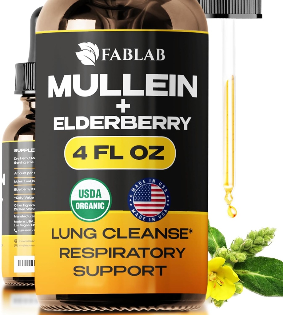 FabLab Mullein 잎 추출물 Elderberry 4 Fl Oz - 미국에서 만든 - 더 나은 Lung에 대한 드롭 - Lung Detox 용 Mullein Tincture - 흡연자를위한 기관 청소 - 호흡 허브 보충