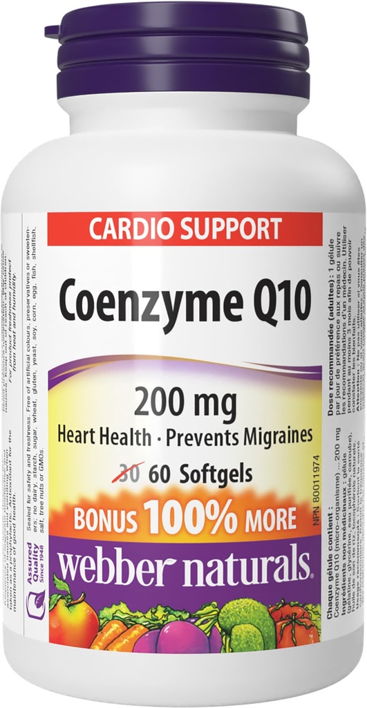 Webber Naturals Coenzyme Q10 (CoQ10) 200 mg, 60 Softgels, 심장 건강 및 세포 에너지 생산, 60 일 공급, 글루텐 프리