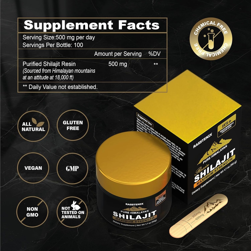 Pure Shilajit Resin 500mg - 85 + Trace Minerals & Fulvic Acid for Energy and Immune Wellness - 50g (1 팩)