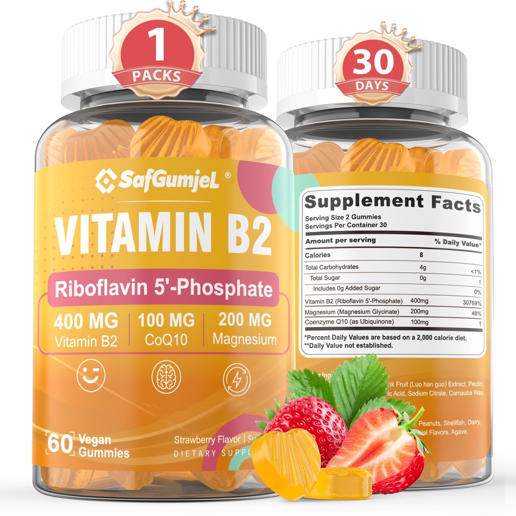 비타민 B2 Gummies | 립보라빈 400mg 마그네슘과 코Q10, 편두통 구호 및 두통 구호 | 설탕 무료, 채식, 딸기 맛, 60 개