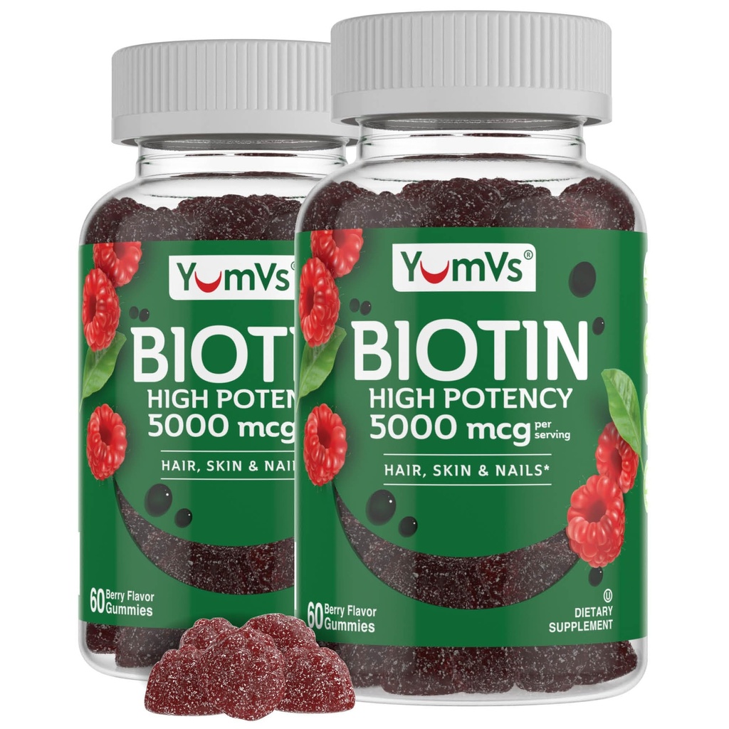 YumVs Biotin Gummies 5000mcg - Luscious Raspberry flavor - 여성 또는 남성을위한 더 두꺼운 패스너 헤어 성장 구미 - 헤어, 피부 및 손톱 비타민 - 헤어 거미 - 채식 Biotin 보충교재 (60 Ct., 2pk)
