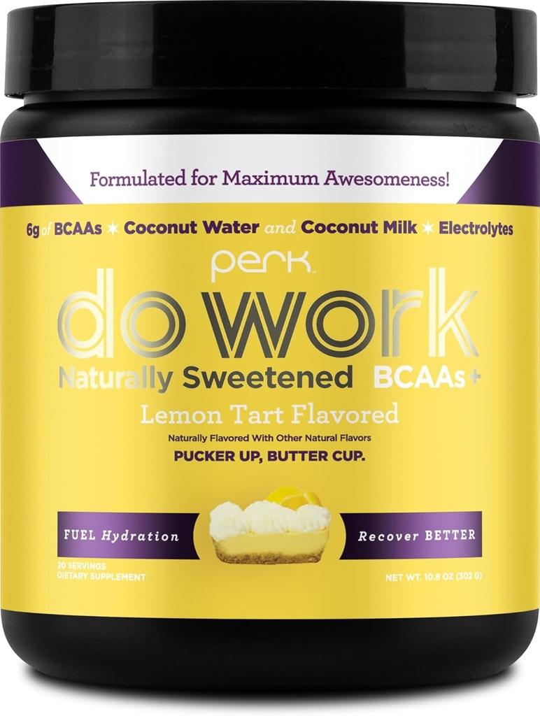 Perk는 BCAAs + Hydration 전해질 분말 (자연적으로 감미로운 레몬 타트 맛, 20의 서빙) - 코코넛 물 & 코코넛 밀크로