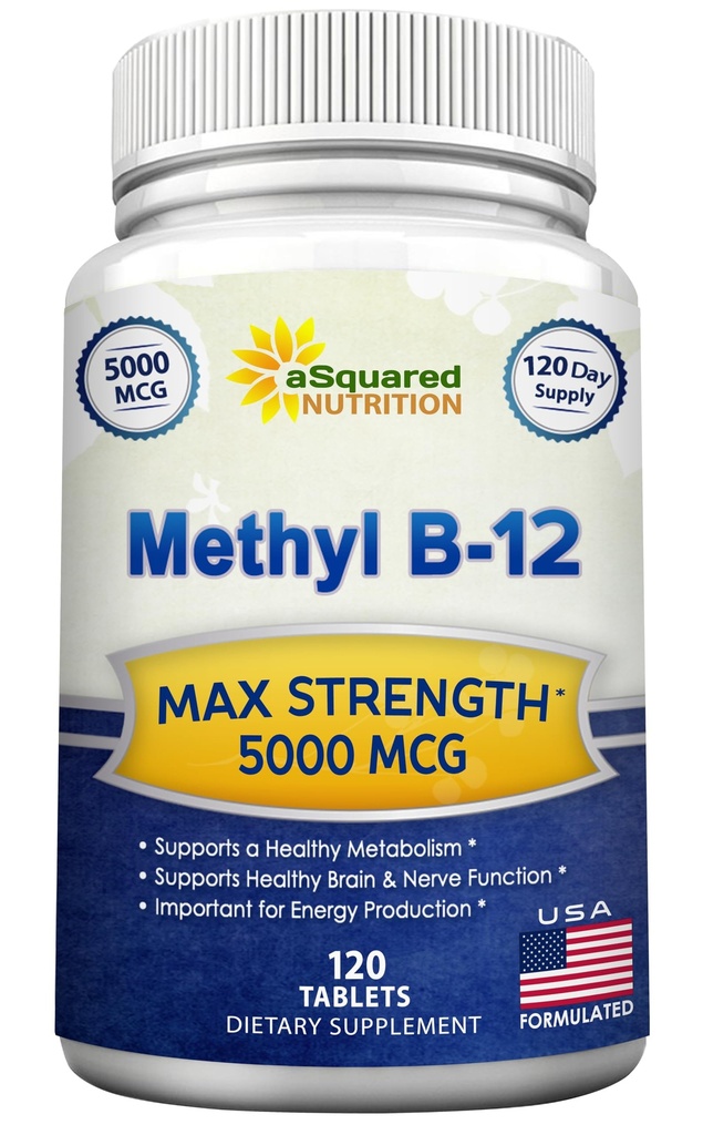 aSquared 영양 비타민 B12-5000 MCG Methylcobalamin (Methyl B-12)를 가진 보충교재 - 최대 힘 비타민 B 12 도움 Boost 자연적인 에너지, Benefit 뇌 & 심장 기능 - 120의 정제