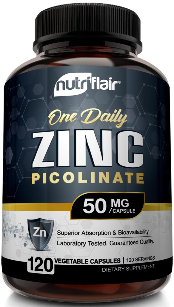 NutriFlair 아연 Picolinate 50mg, 120 캡슐 - 최대 흡수 아연 보충 알약 - 면역 체계 승압기, 면역 방어, 강력한 비 GMO 산화 방지제 - 글루코산염, 구연산염, 산화물과 비교하십시오